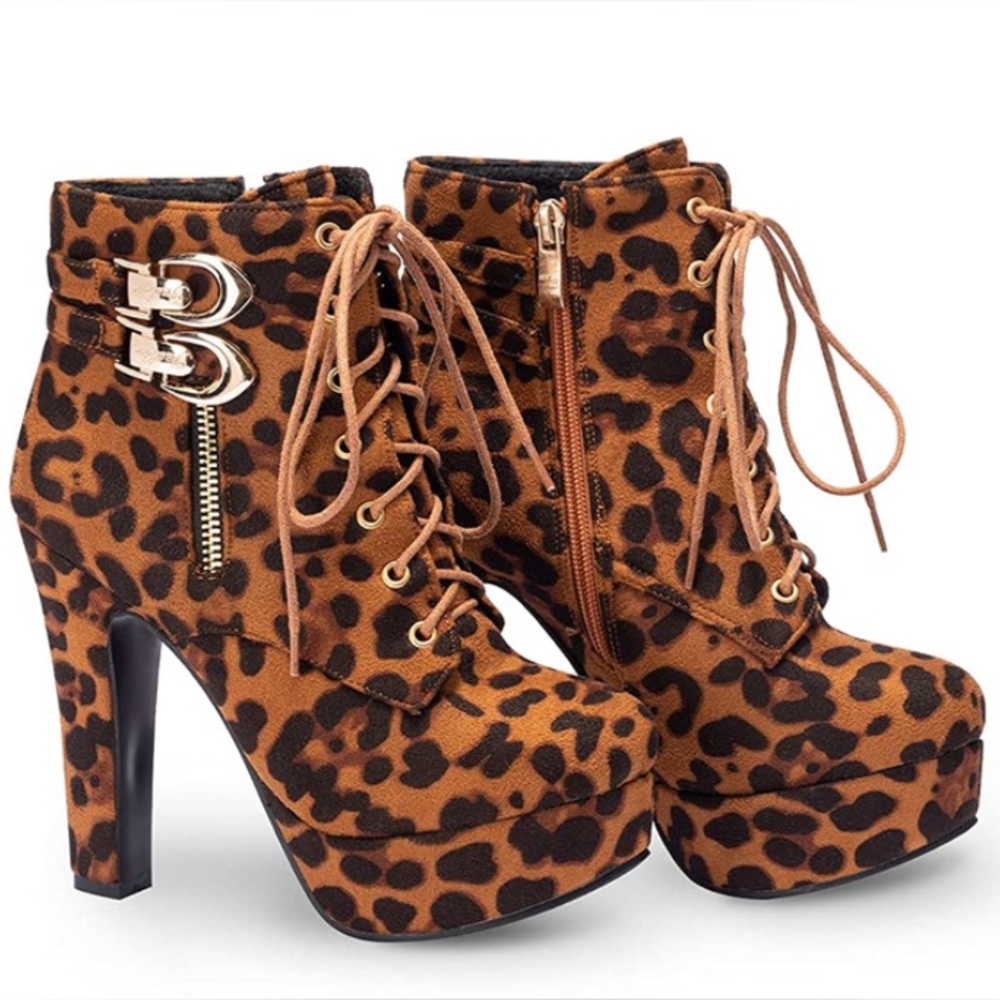ForeMode Women’s Round Toe Boots Lace-up Chunky Heel Platform Leopard & Gold NEW